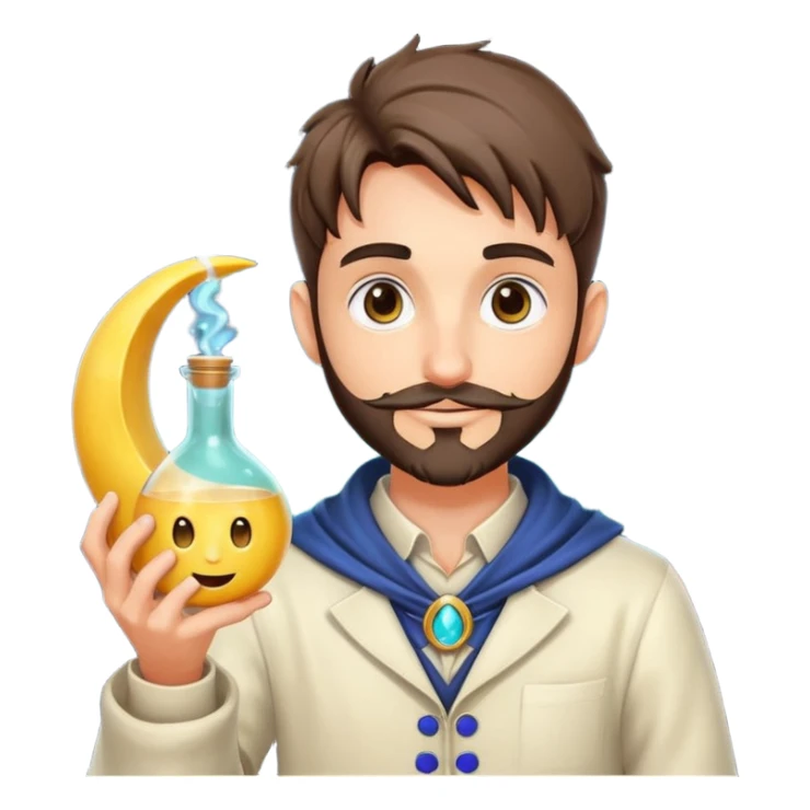 human forest alchemist character holding crescent moon like a glowing flask, mischievous idea face sticker
