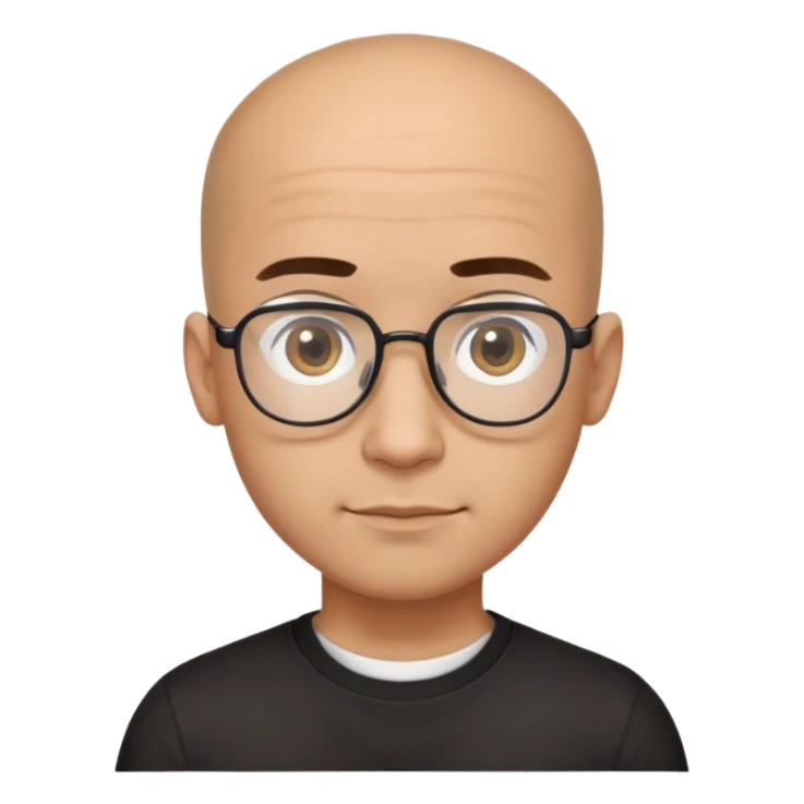 Latino man with small oval face and big forehead, aviator-style glasses, completely bald/shaved sides with very short curly dark hair only on top of head, neutral-friendly expression, light brown skin, wearing a black t-shirt sticker