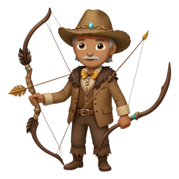 The classic image of a middle-aged uncle hunter carrying a bow, dressed in brown clothes, with some ornaments made of feathers, bones or teeth on his body. sticker