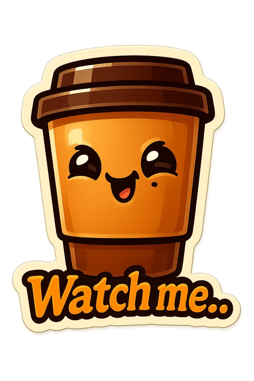 Tall coffee cup, giggling, mischievous eyes, "Watch me..." sticker