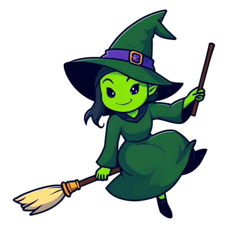 Elphaba, green-skinned witch with black hat and long black dress riding a broomstick sticker