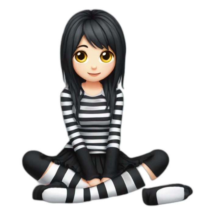 Full body Front view curvy emo girl sits on the floor straight view hands up black skirt striped stockings sticker