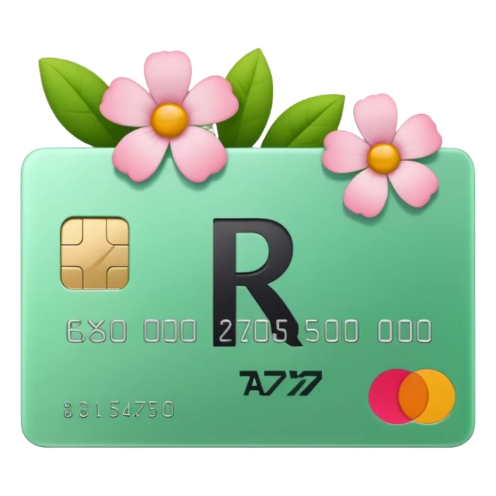 Pale Pink and green cute credit card, flowers growing around it , clean aesthetic, letter R on it sticker