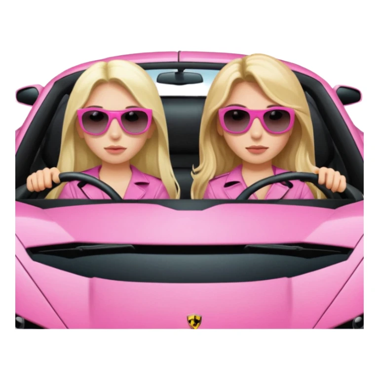 Add sunglasses Make car far away so I can see full car Car facing forward in sports car. Make hair long  two girls in car far away Front of car sitting in the seats. Make it a pink sports car. They are two baddies make it a Lamborghini pink car  sticker