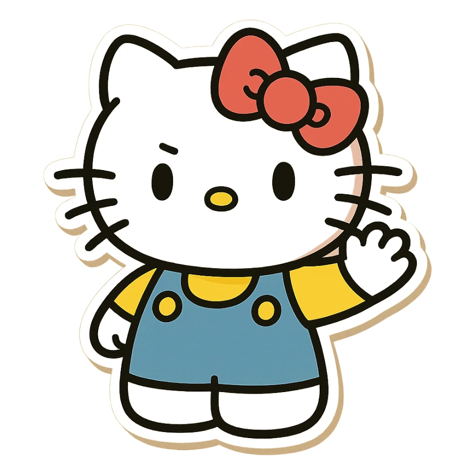 Hello KITTY as a sticker, cartoon style, waving, with a bow, bright colors sticker