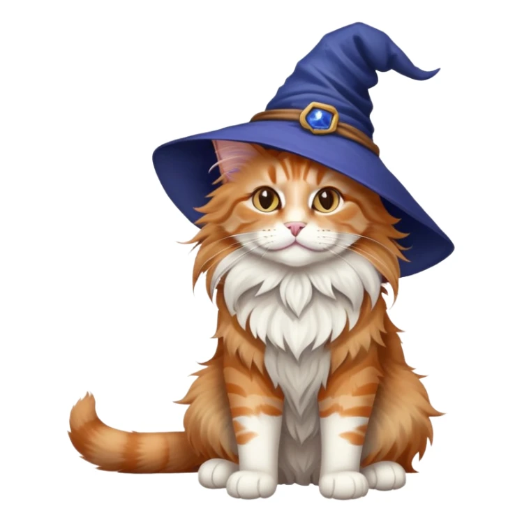 full body Maine coon ginger tabby cat flopped over on her back wearing an indigo witch hat sticker