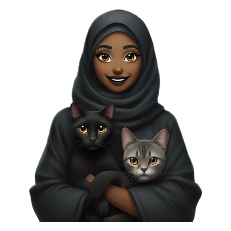 A black girl emoji with a smiley expression, wearing gothic-style makeup, a septum piercing, a silver lip ring, a black hijab, and a black fur coat. She is smiling warmly, with a small black cat sitting or standing beside her. sticker