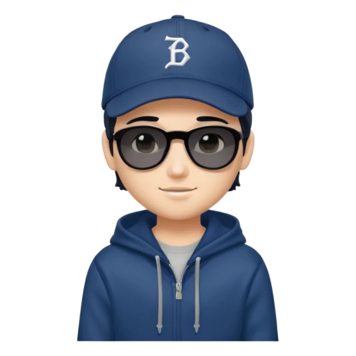 generate a fair pretty bratz boy wearing a dark blue baseball cap with black sunglasses and a grey hoodie

hair black  sticker