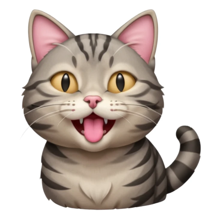 A high-resolution photo-realistic digital illustration of a solid grey tabby cat, eyes closed, head titled up yawning sticker