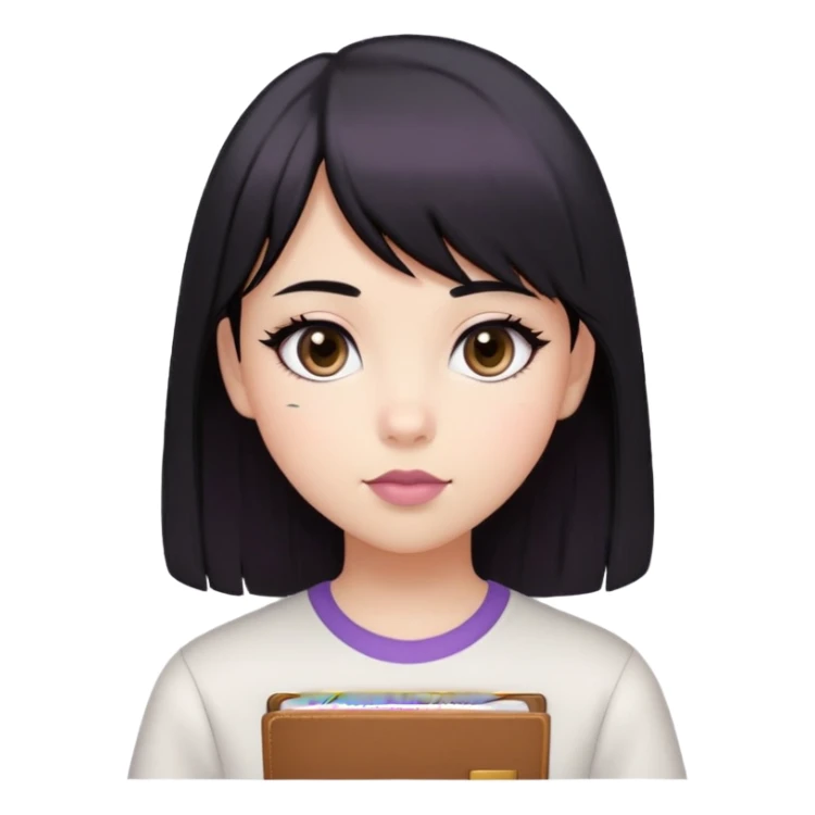 a girl with almond-shaped black eyes, with her straight and side bangs black hair, mauve-colored lips, wearing a white simple school top for her school ID picture sticker