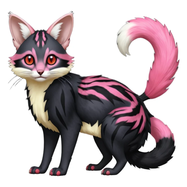 Hyper realistic  void-black fur haunted by crimson neon pulse-lines like living circuitry beautiful elegant pretty precious cute  Fakémon-Pokémon-opossum-feline-serval-caracal-chinchilla-Furret-Minccino-hybrid-creature with a big fluffy bushy tail (full body) sticker
