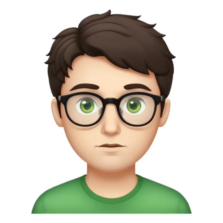 Young man with slightly curled dark brown poofy hair, green eyes wearing glasses, wide face with eyes set apart, bigger ears, pale skin, slightly bigger nose, fuller darker lips, and very light stubble sticker
