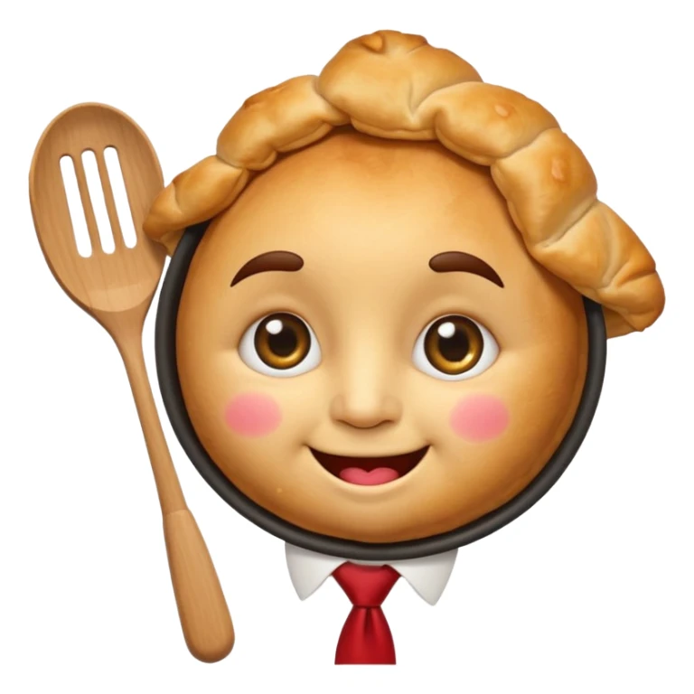 emoji style, happy fried empanada with face, big sparkling eyes, blushing cheeks, two buck teeth, red necktie, holding spatula, thick black outline, golden brown color, very cute and wholesome, transparent background sticker