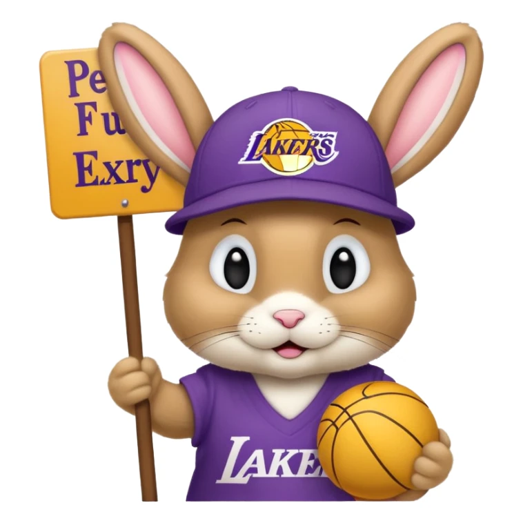 A tanish bunny with a Lakers hat and a sign that says "peewee" sticker
