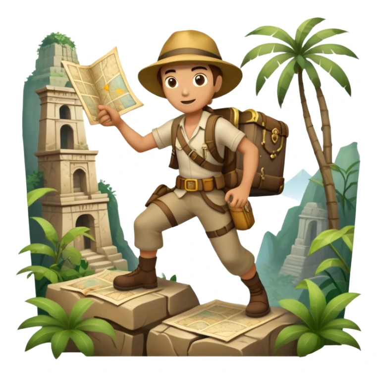An icon featuring an adventurer in a dynamic action pose, with treasure maps, ancient ruins, and jungle landscapes in the background. The design includes clues, hidden passages, and climbing gear, symbolizing the thrill of exploration and discovery. Transparent background. sticker