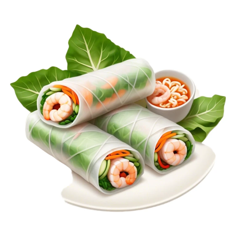 Cinematic Realistic Vietnamese Summer Rolls Dish Emoji, depicted with delicate rice paper wraps filled with fresh vegetables and shrimp rendered with crisp textures and refreshing lighting. sticker