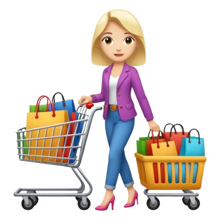 Carrinho de mercado cheio de compras femininas, com diversas maquiagens, roupas  sticker
