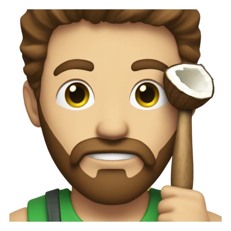 Man with brown hair, a beard, and green eyes holding a hammer, smashing a coconut. sticker