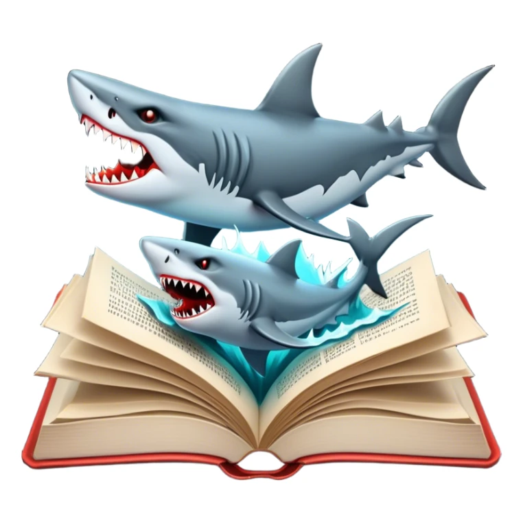 Icon for Horror & Mystery Reading: an open book with eerie glowing symbols, from which rise Dracula with fangs, flying bats, a zombie hand, and a lurking shark with sharp teeth. Surrounding elements. Transparent background. sticker