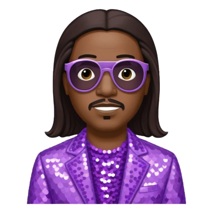 Stevie Wonder with long dark brown hair, lilac sequin outfit  sticker