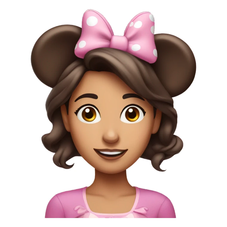 Brunette woman with brown eyes wearing pink minnie mouse ears sticker