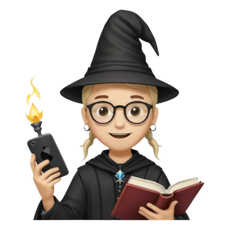 ["A happy boy with light skin, ponytail, wearing a wizard hat and square glasses, dressed in goth fashion, is reading a book while holding a phone."] sticker