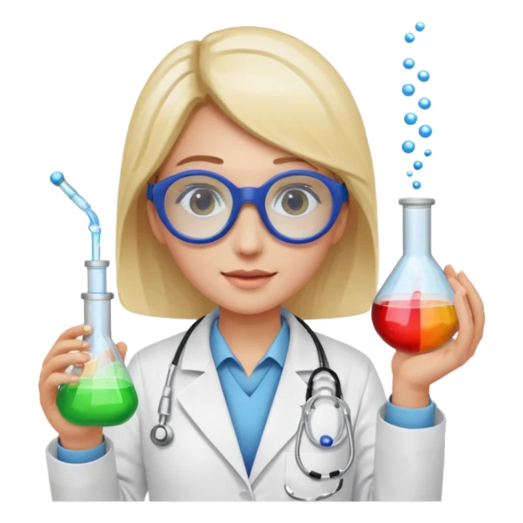 A person wearing safety goggles, a stethoscope, and a white coat. In one hand they hold a test tube containing chemicals  sticker