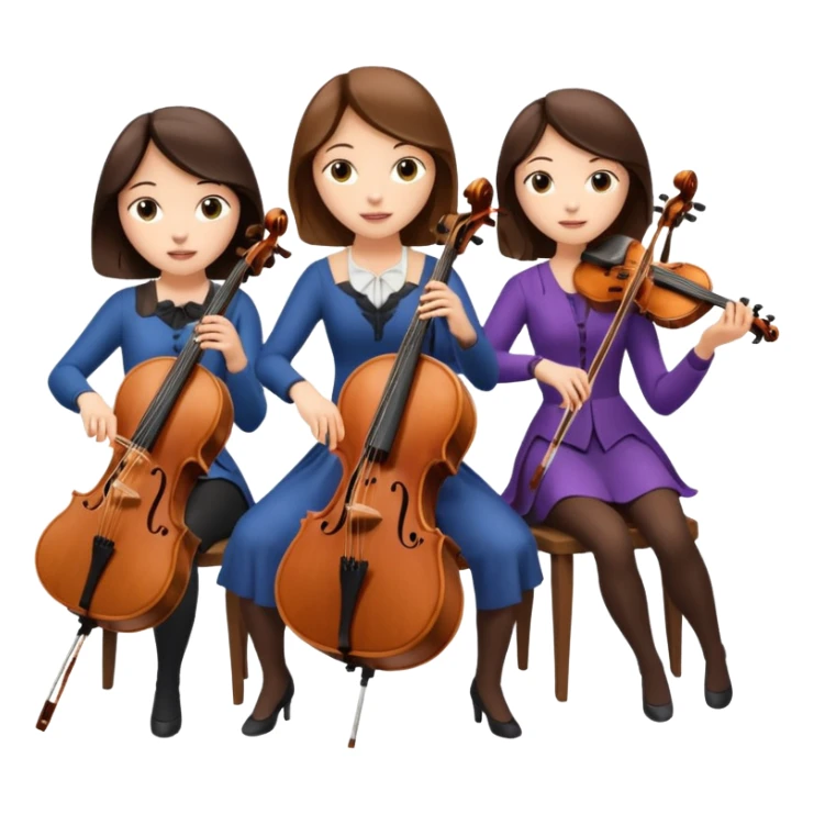 Create an imagine of three brunette women playing string instruments, the first is playing a cello, the second is playing a viola and the third is playing the violin sticker