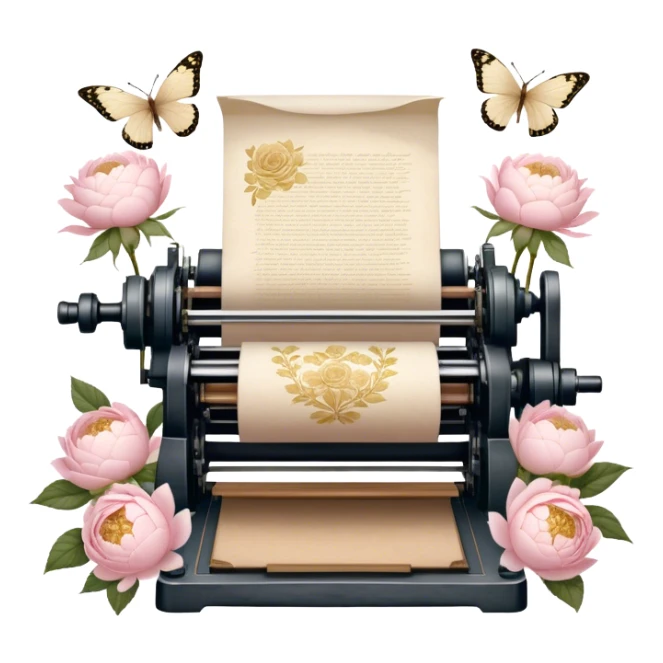 An old-fashioned letterpress printing studio, where stacks of aged parchment are printed with delicate golden floral motifs of soft pink roses and white peonies, as pearl butterflies rest gently on the warm paper.
 sticker