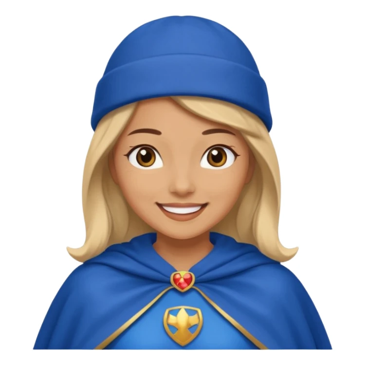 Female hero in blue beanie, cape flowing, smiling proudly.


































 sticker