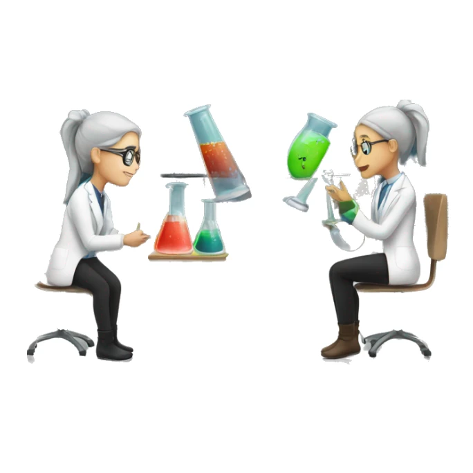 scientists discussing by the window two girls with a beaker sticker