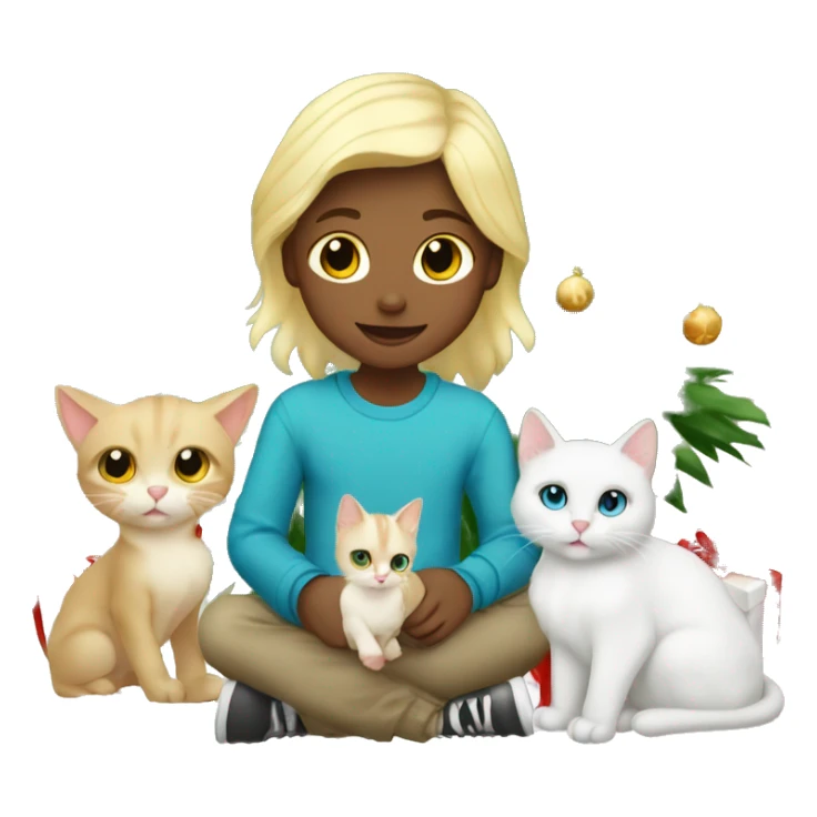 Blond kid with two white and Sibirien cats under a Christmas tree sticker