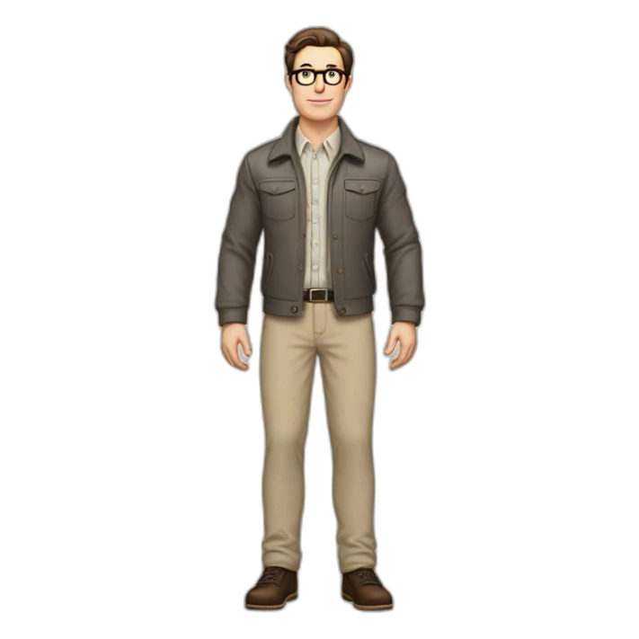 Full height Pale skinned Fit Man With dark brown hair in gray classic jacket, beige office shirt, Brown pants and vintage glasses. Thrumbs of his palms upwards sticker