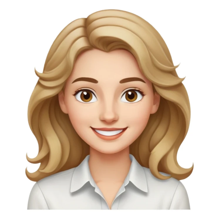 Mujer joven caucasian, cara alargada, cejas suaves, pelo rubio oscuro ondulado con puntas claras, raya al lado. Sonrisa amplia, expresión alegre. Camisa blanca. sticker