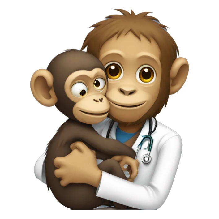 A monkey in a doctor's costume hugging a homeless monkey sticker