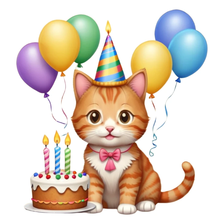 Ginger tabby kitten celebrates birthday, birthday hat, birthday cake, one candle, balloons, happy, gifts sticker