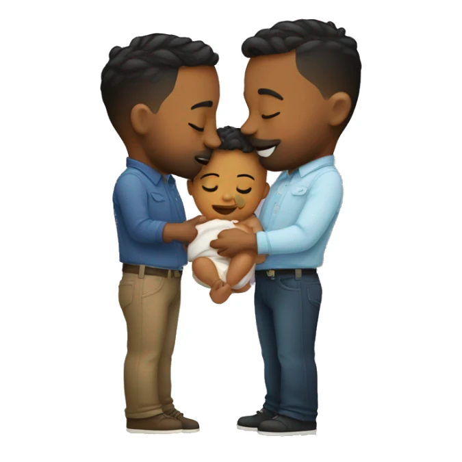 Two gay men kissing with a baby sticker