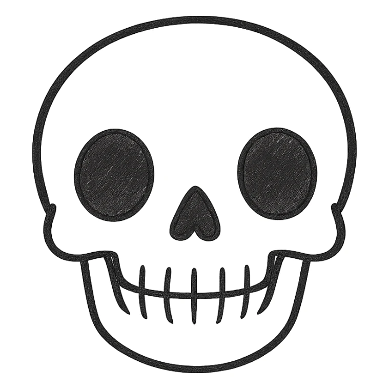 Make the skeleton head look more realistic using only black lines, no color, no shading. Keep it friendly and not scary, front view. sticker