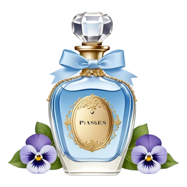 gainst a powdery blue silk backdrop, a vintage crystal perfume bottle with delicate gold filigree detailing catches the soft glow of the morning light. A silken ivory ribbon, loosely tied around its slender neck, cascades onto the fabric, creating soft folds. Scattered around the bottle, pale blue and creamy white pansies rest gently, their petals carrying hints of pearl-like shimmer. A few stray petals, kissed by the golden light, add a touch of delicate imperfection, evoking a sense of quiet romance. sticker
