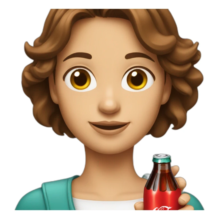A woman with brown hair is holding a Coca-Cola sticker