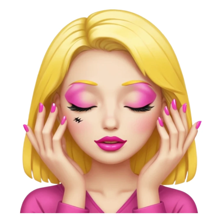 Make this image more like the meme emoji: yellow face with closed eyes and heavy false eyelashes, full glossy lips, and two hands with long pink-painted nails, matching the meme style closely. sticker