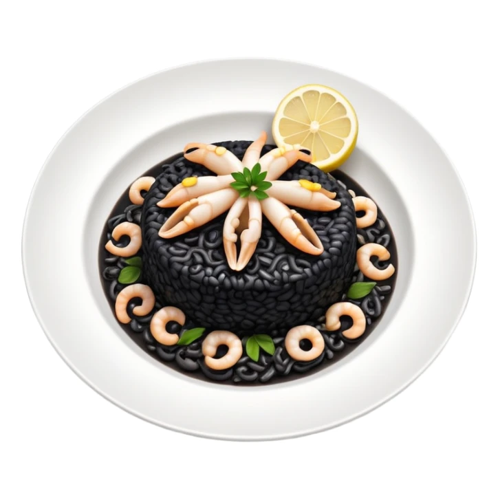 cinematic-realistic-black-risotto-dish,-showcasing-small squid pieces-rendered-with-bold-textures-and-dynamic,-dramatic-lighting in a white plate with a grilled lemon on top sticker