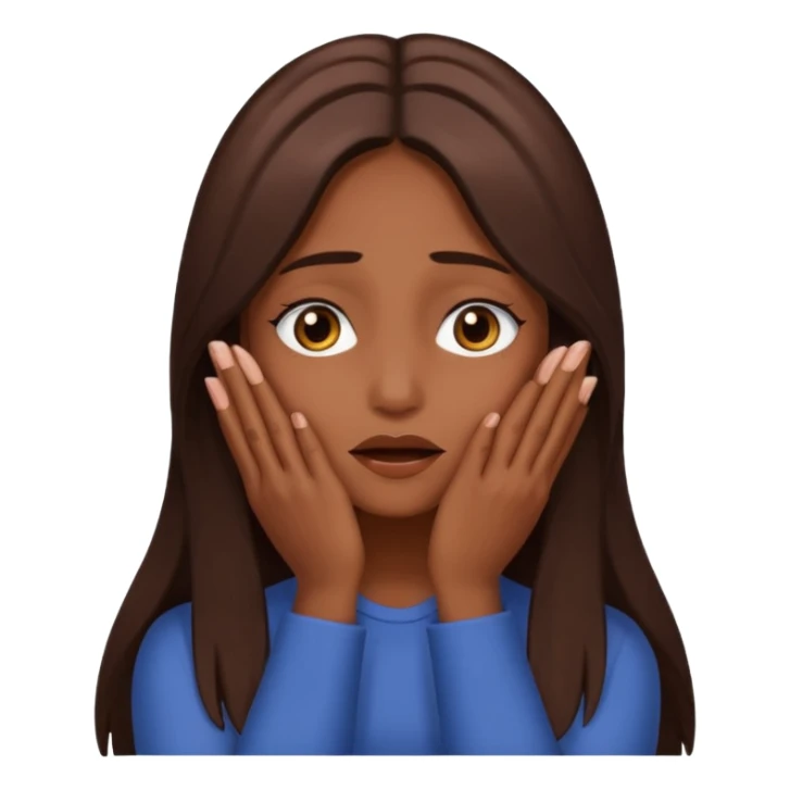 Create an emoji of an attractive chocolate brown woman with long middle part layered hair, turning her head to the side with her hands covering her face as if she’s hiding in embarrassment  sticker