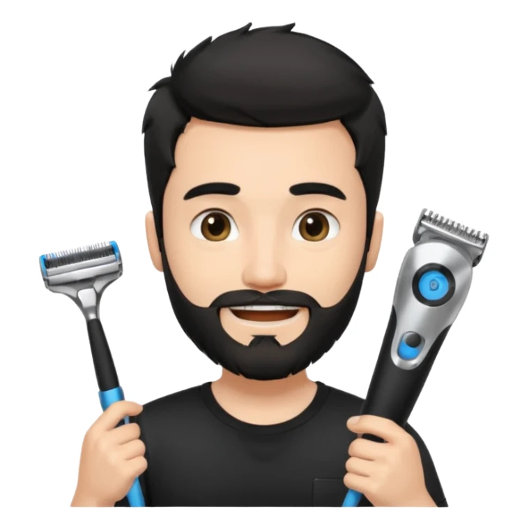handsome young man, fair complexion, messy black hair and beard, smiling, black t-shirt, holding a single face beard trimmer in one hand, trimmer true to real size sticker