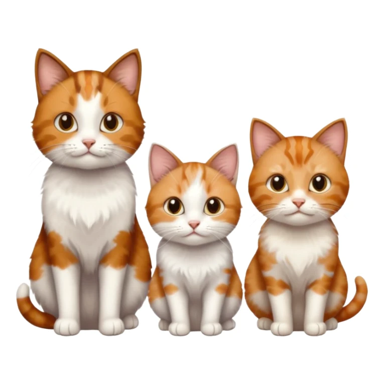 3 different coloured small cats including a brown tabby and white, a patchy calico, and a ginger and white sticker