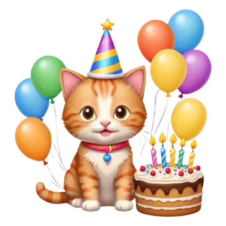 Ginger tabby kitten celebrates birthday, birthday hat, birthday cake, balloons, happy, gifts sticker