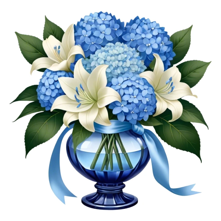 An exquisite floral arrangement of deep blue hydrangeas, pastel blue peonies, and ivory lilies, bound with a flowing pearl satin ribbon and placed in a crystal vase sticker