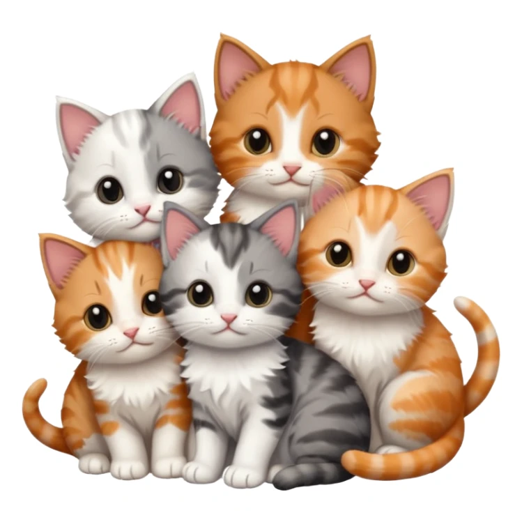 6 tiny kittens cuddling together all different colours, the first one is grey and white, the second is ginger and white and the third is brown tabby and white sticker