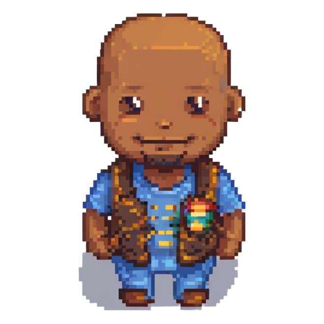 Change the skin tone to a medium brown, keep the 8-bit pixel art style, bald, smiley, low beard, with no background. sticker