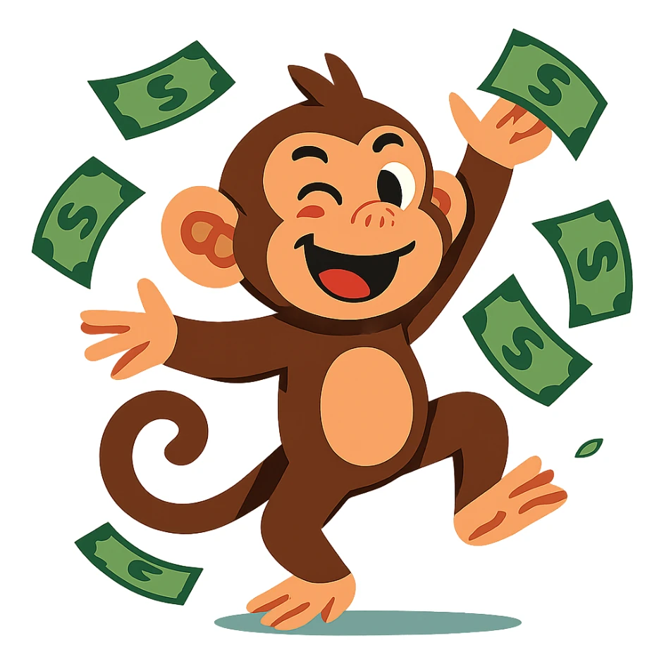 cheeky monkey tossing money in the air, energetic and lively sticker